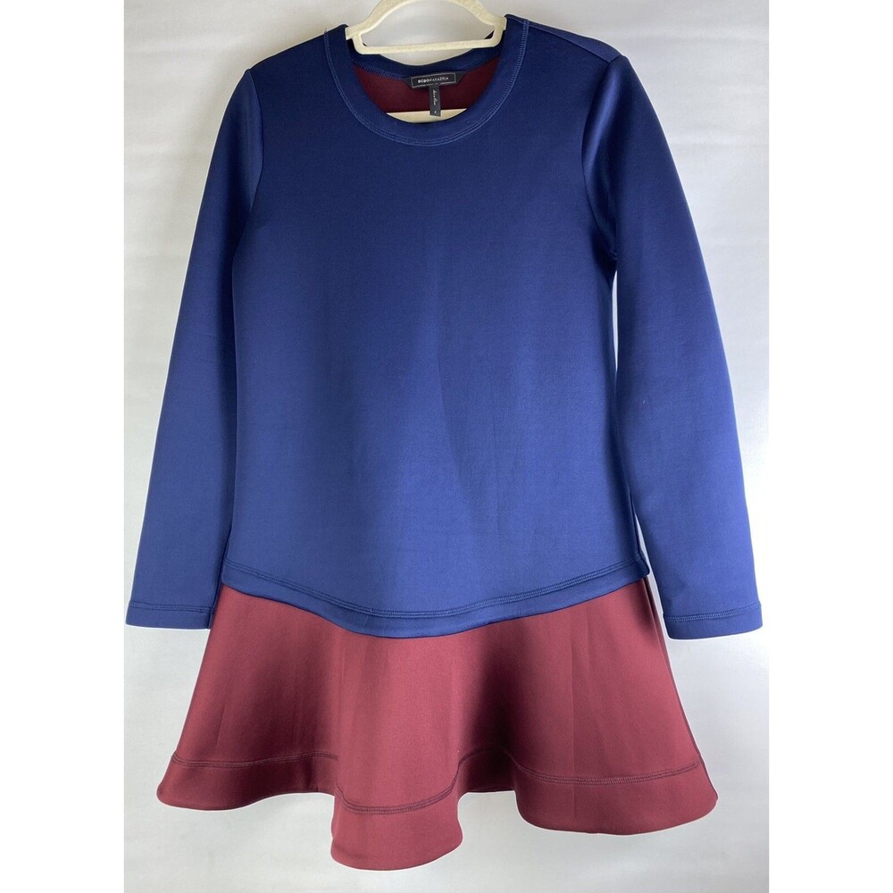 BCBG Maxazria Small Genesa Navy Blue Burgundy Flounce Hem Color Block Dress Wow
